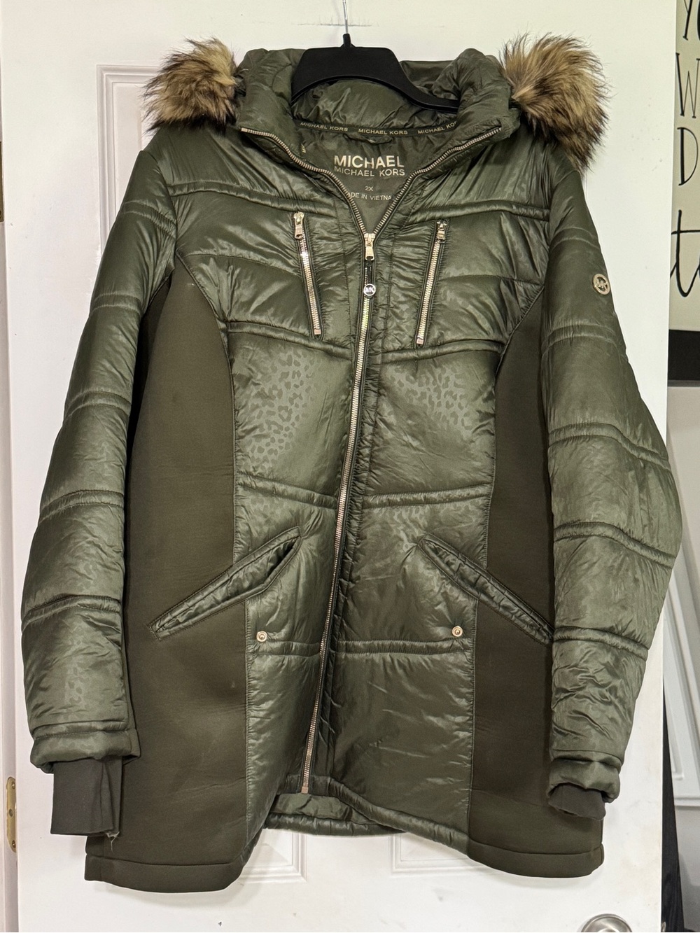 Michael Kors Olive Green Quilted Puffer Coat with Faux Fur Trim